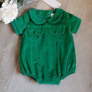 Boy's Green Pin Wale Corduroy Romper Creeper Boutique Portrait Fall Preppy NWT